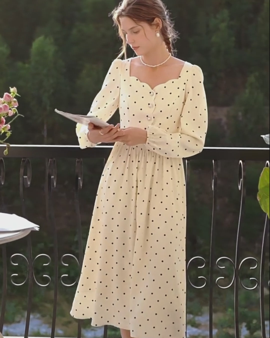 Sabina Vintage Polka Dot Long-Sleeve Midi Dress in Ivory, vintage dress​, vintage grad dress, vintage graduation dress