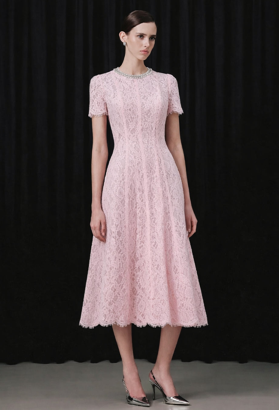 Amity Lace Embellished Midi Dress, pink dress for wedding guest, light pink dress for wedding guest​