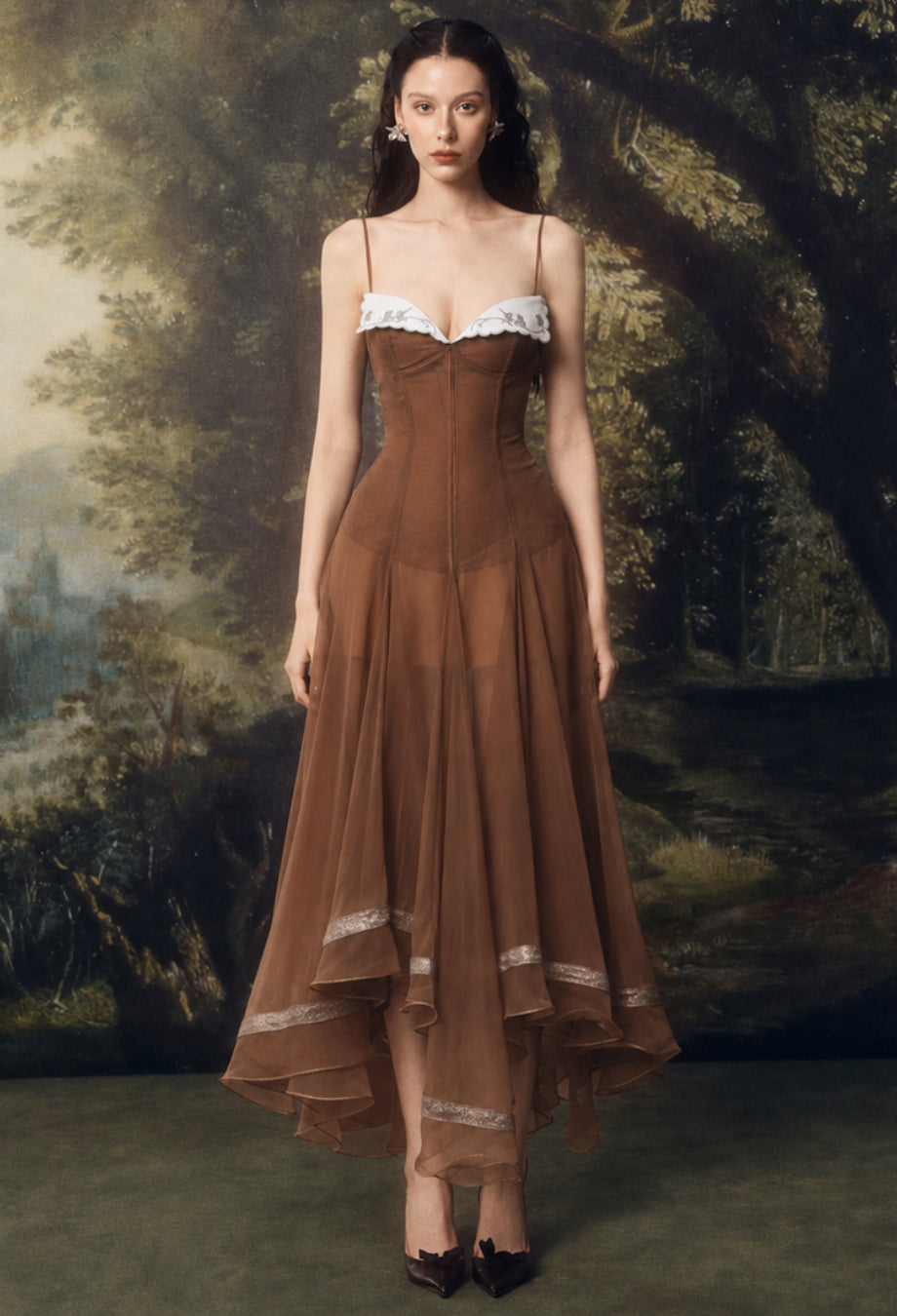Anais Brown Chiffon Sheer Overlay Midi Dress, brown wedding guest dress, brown chiffon dress​