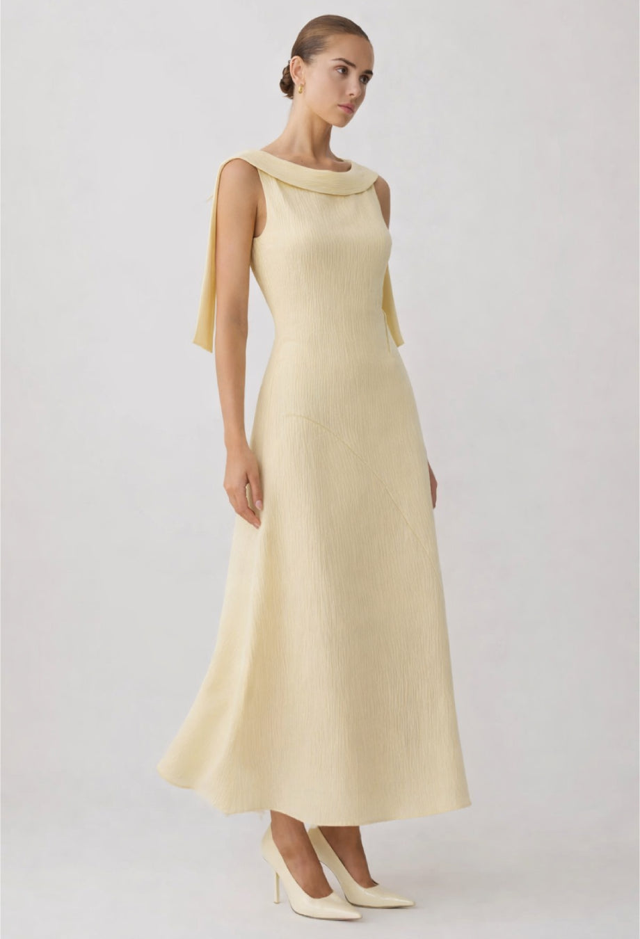 Anastasia Light yellow A-line Midi Dress, butter yellow midi dress​, yellow midi dress