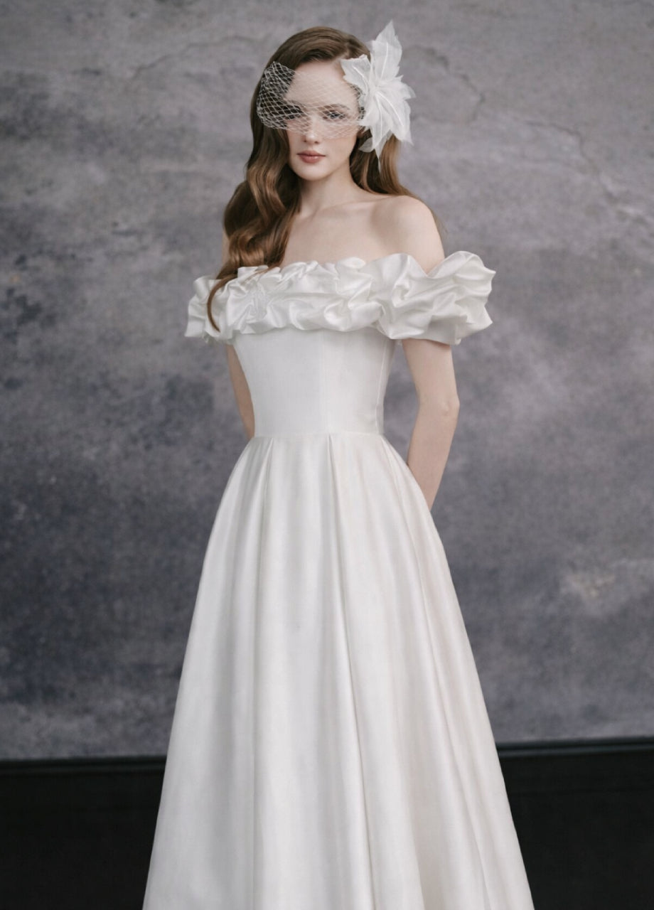 Aurelia Satin Off Shoulder Midi Dress, engagement dress for female, engagement party dress