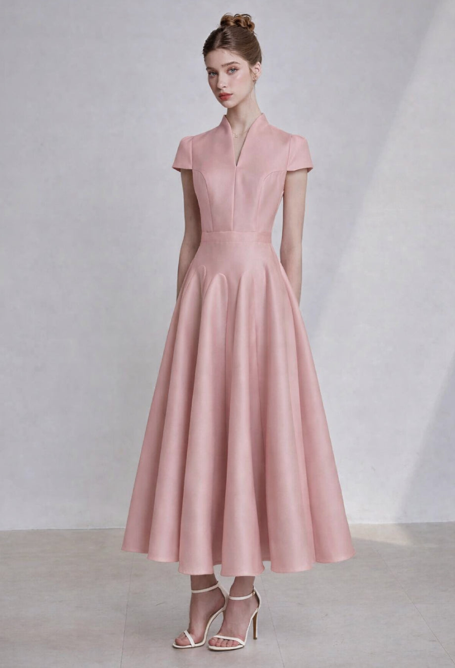 Betty Dust Pink Midi Dress, pink wedding guest dress​, light pink wedding guest dress​