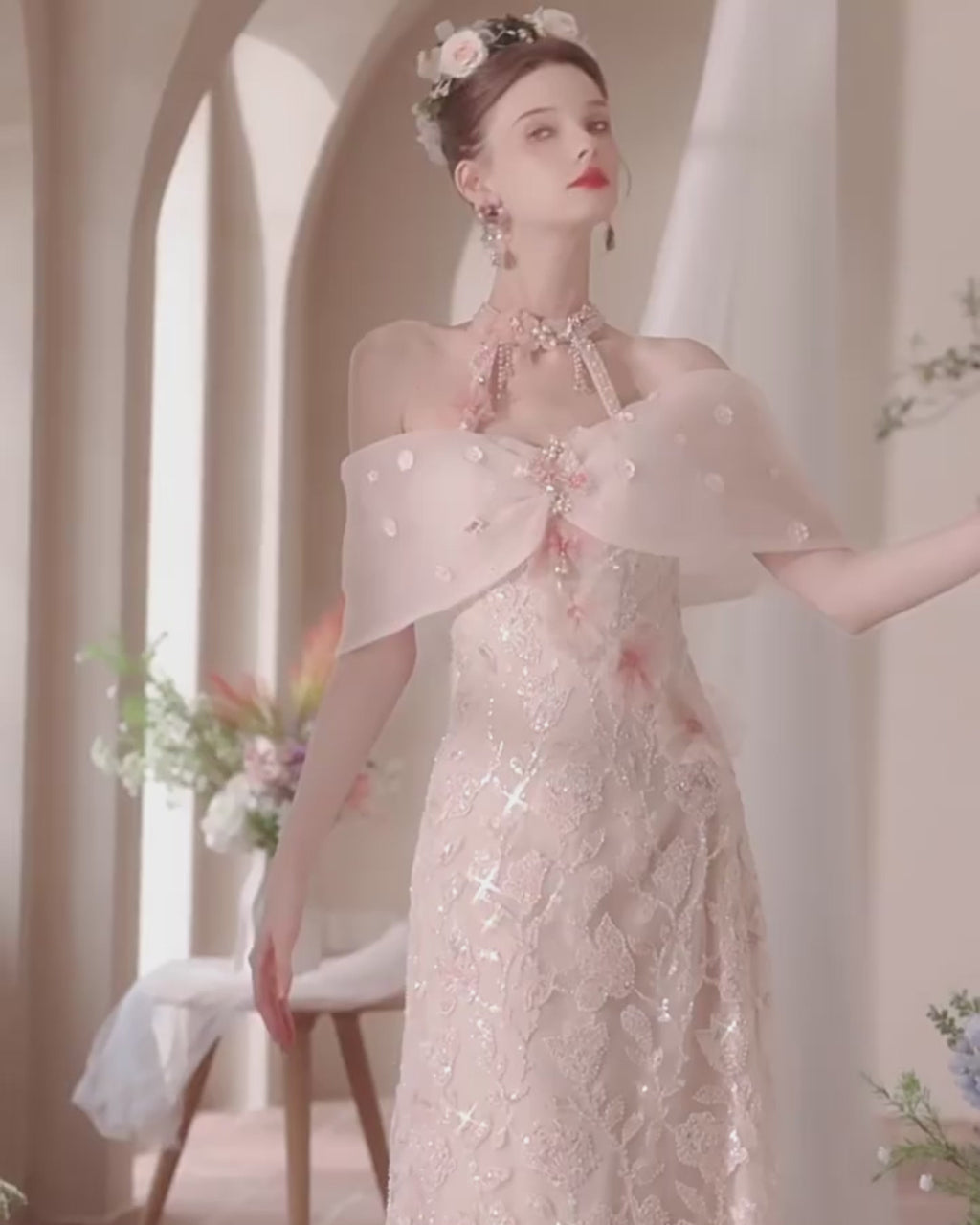 Luxury Blush Pink Wedding Gown, Persephone Maxi Dress, floral wedding gown, off shoulder gown for wedding