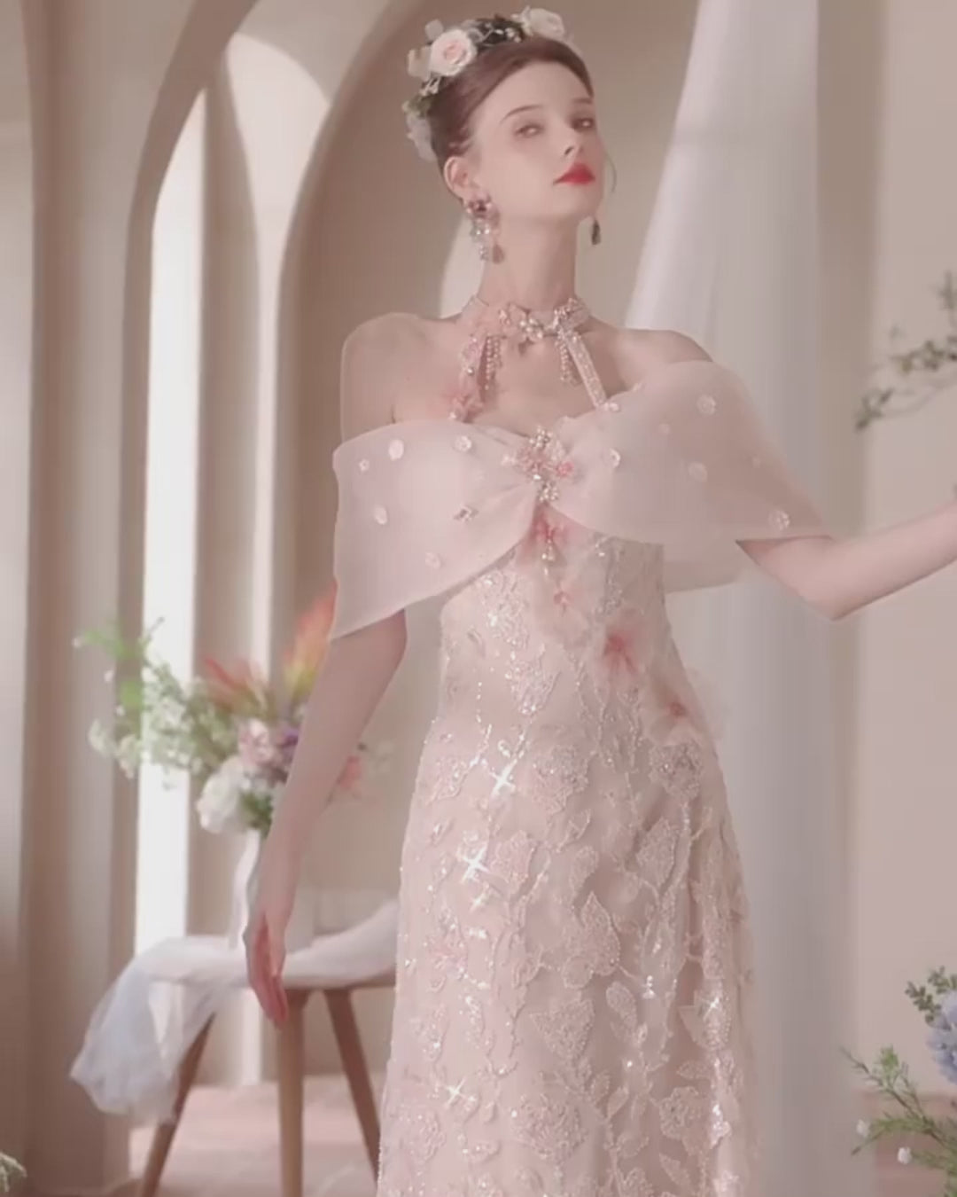 Luxury Blush Pink Wedding Gown, Persephone Maxi Dress, floral wedding gown, off shoulder gown for wedding