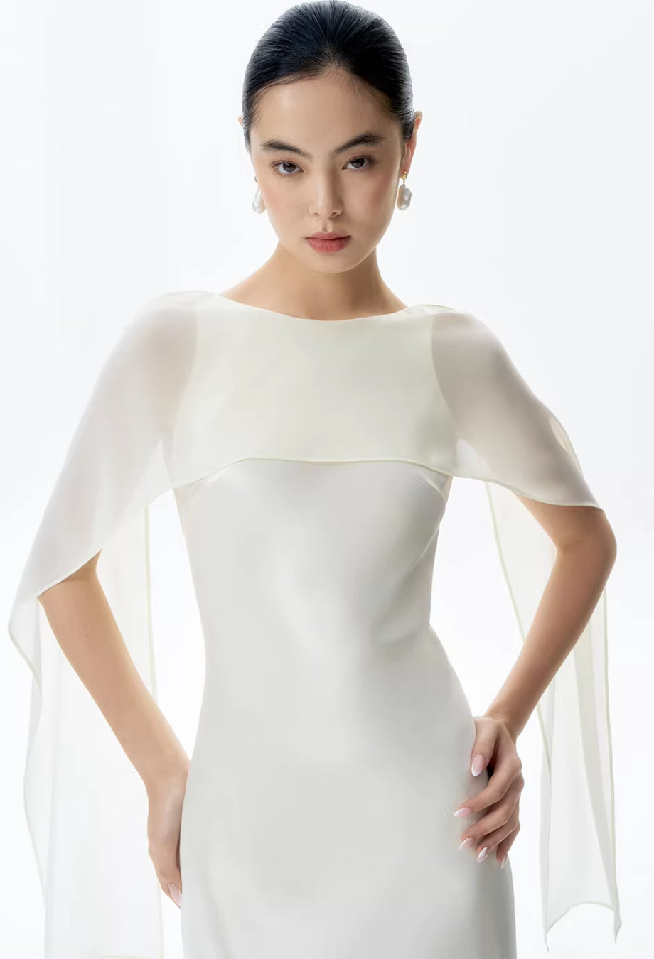 Charlotte Ivory Maxi Dress with Scarf, long dress with scarf​, silk scarf with dress​