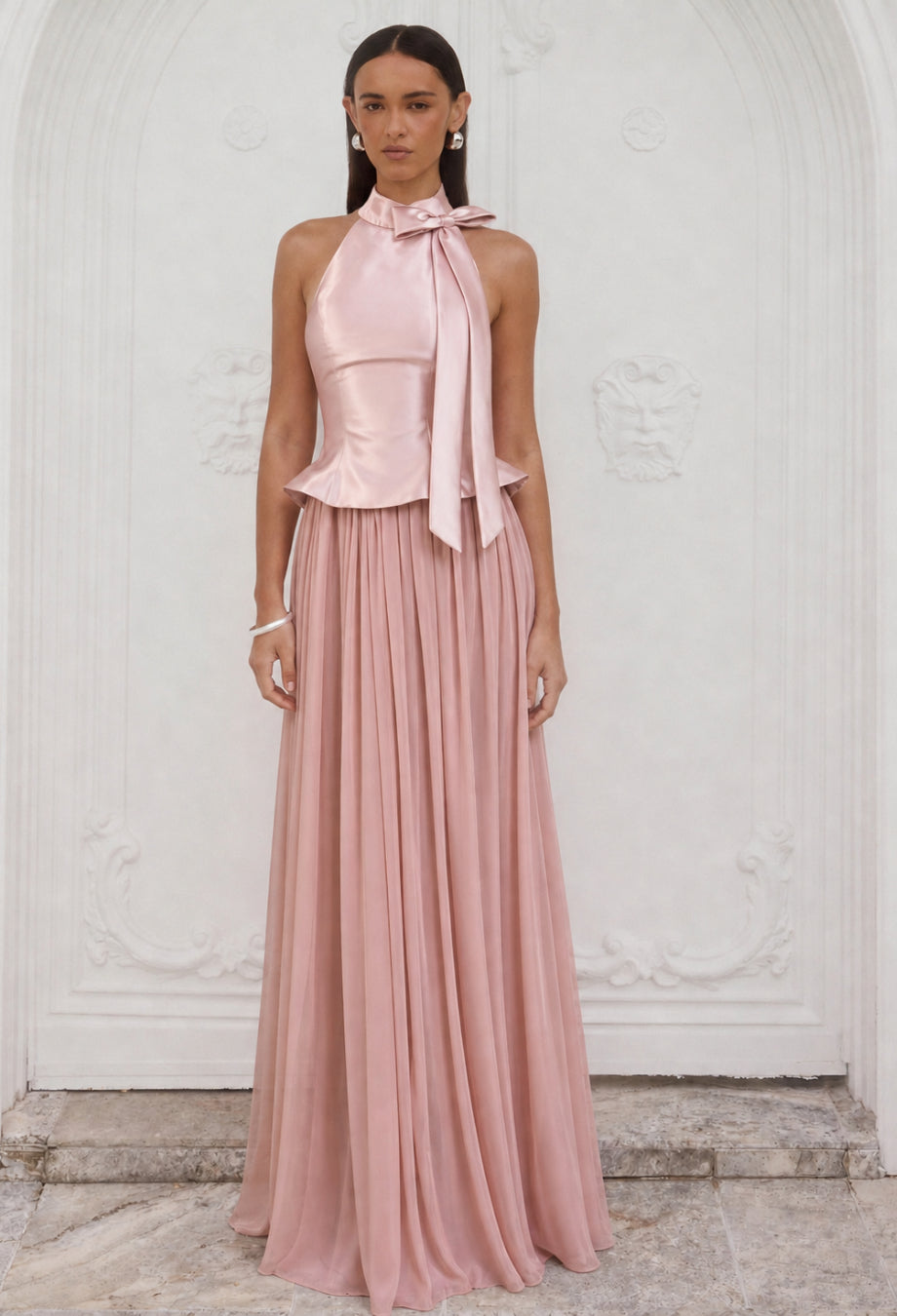 Darcee Pink Choker-Neck Sleeveless Maxi Dress, pink satin maxi dress​​​, pink pleated maxi dress