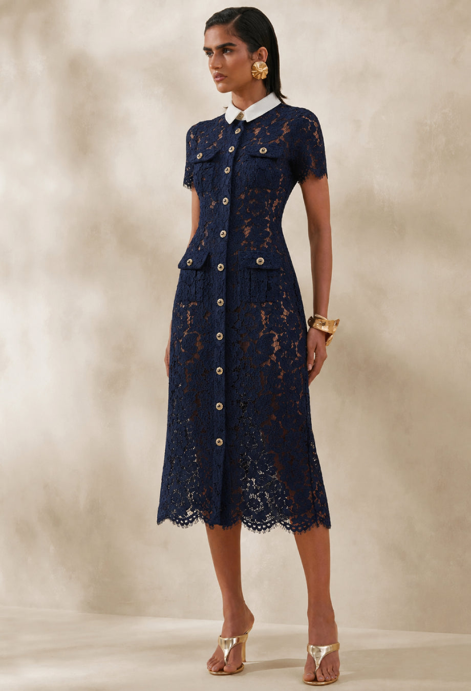 Deanna Navy Lace Contrast Collar Midi Dress, navy blue cocktail dress​, navy blue dress shirt​