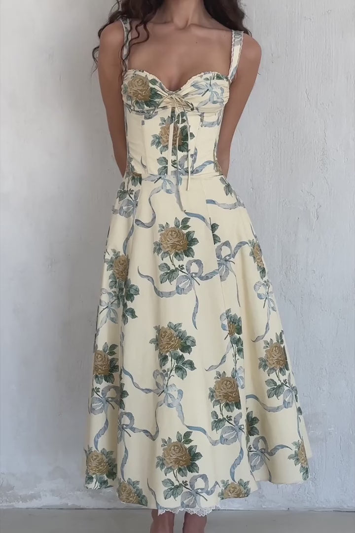 Elizabeth Floral Print Midi Dress - Beige