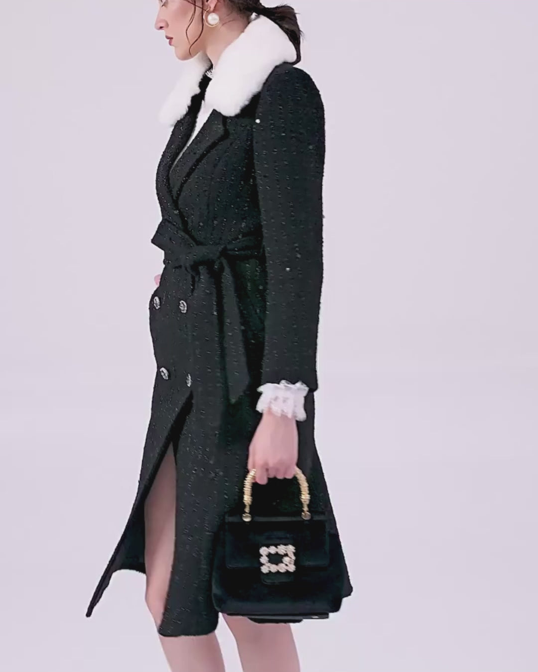 Marcel Faux Fur Trimmed Tweed Midi Coat Dress for Women, winter dress for women​, long sleeve winter dress​