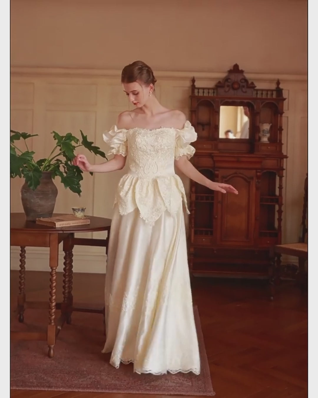 Jelena Vintage Embroidered Satin Maxi Dress, bridal cocktail dress, bridal dress civil wedding