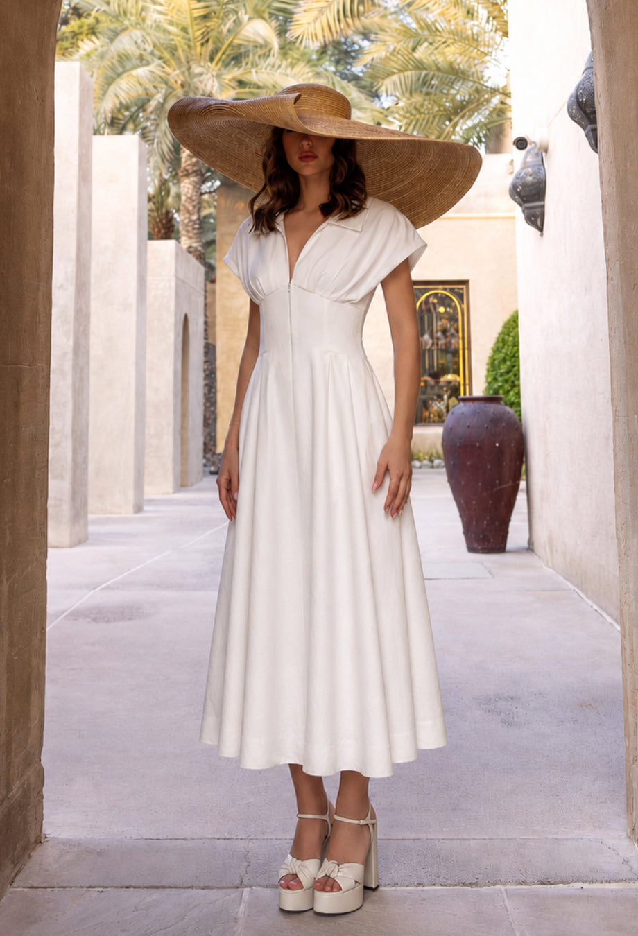 Farlow White Cotton Midi Dress, ladies white cotton dress​, cotton white dress​, long white cotton dress