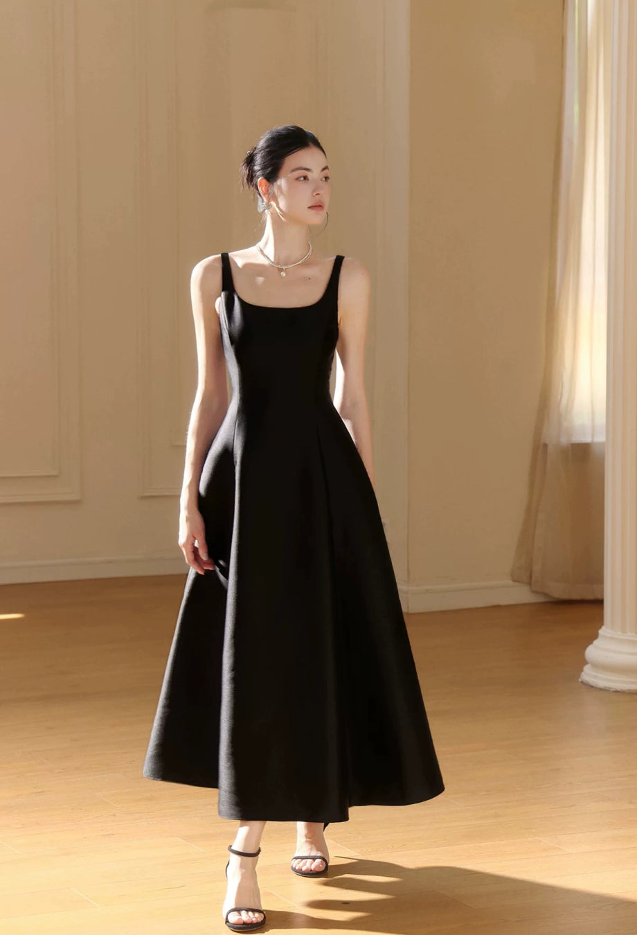 Françoise Black Square-Neck Midi Dress for Formal Events, square neck black midi dress, square neck midi dress black