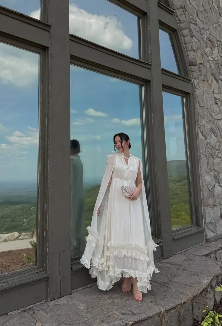 Gabrielle White Ruffle Maxi dress with Pleated Cape Shawl, ruffle tiered maxi dress, white maxi dress with sleeves​