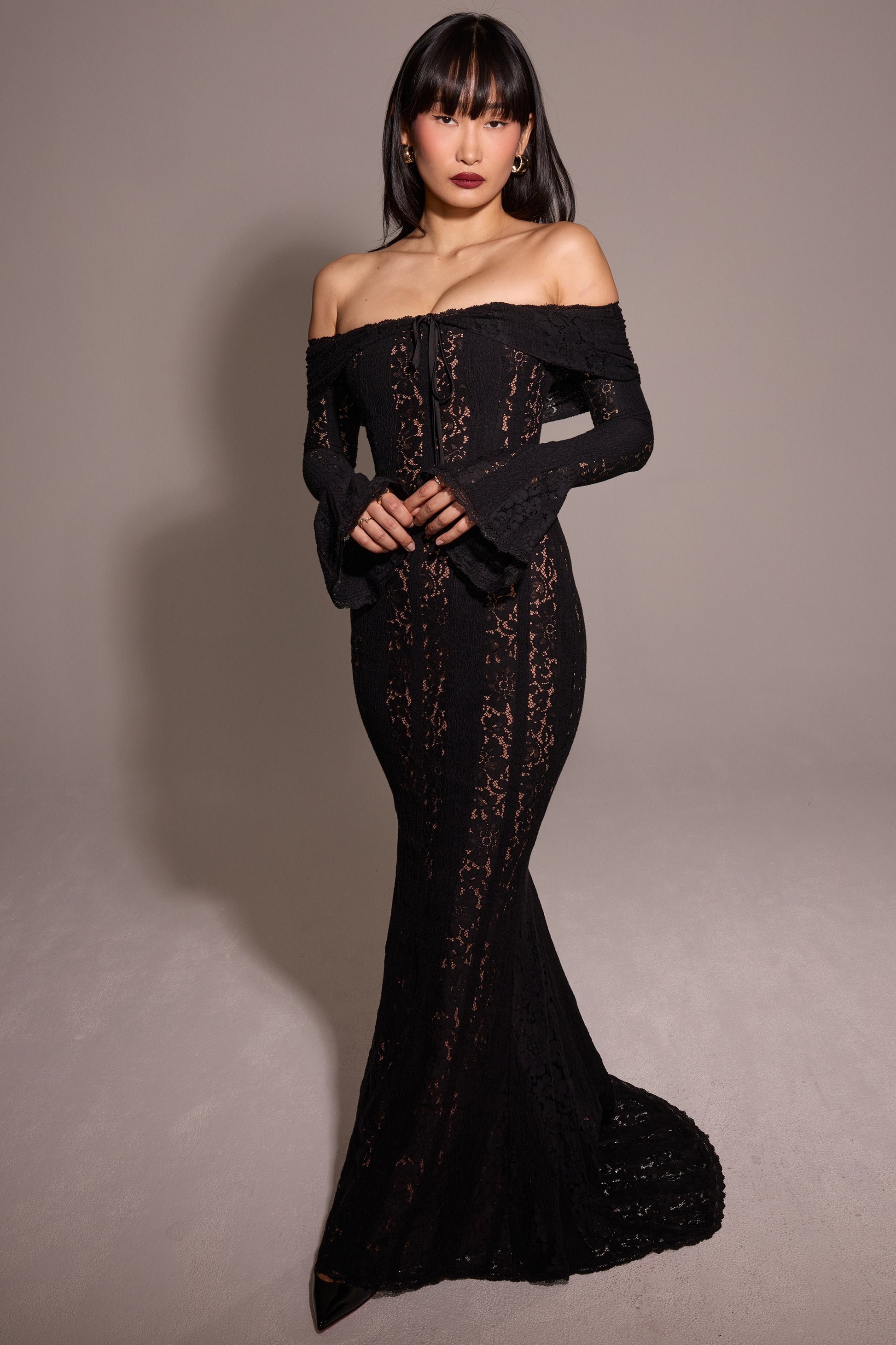 Black Off-Shoulder Lace Bodycon Maxi Dress, wedding guest dresses​, black maxi dress​, prom dresses​, prom dresses canada​, black prom dresses​