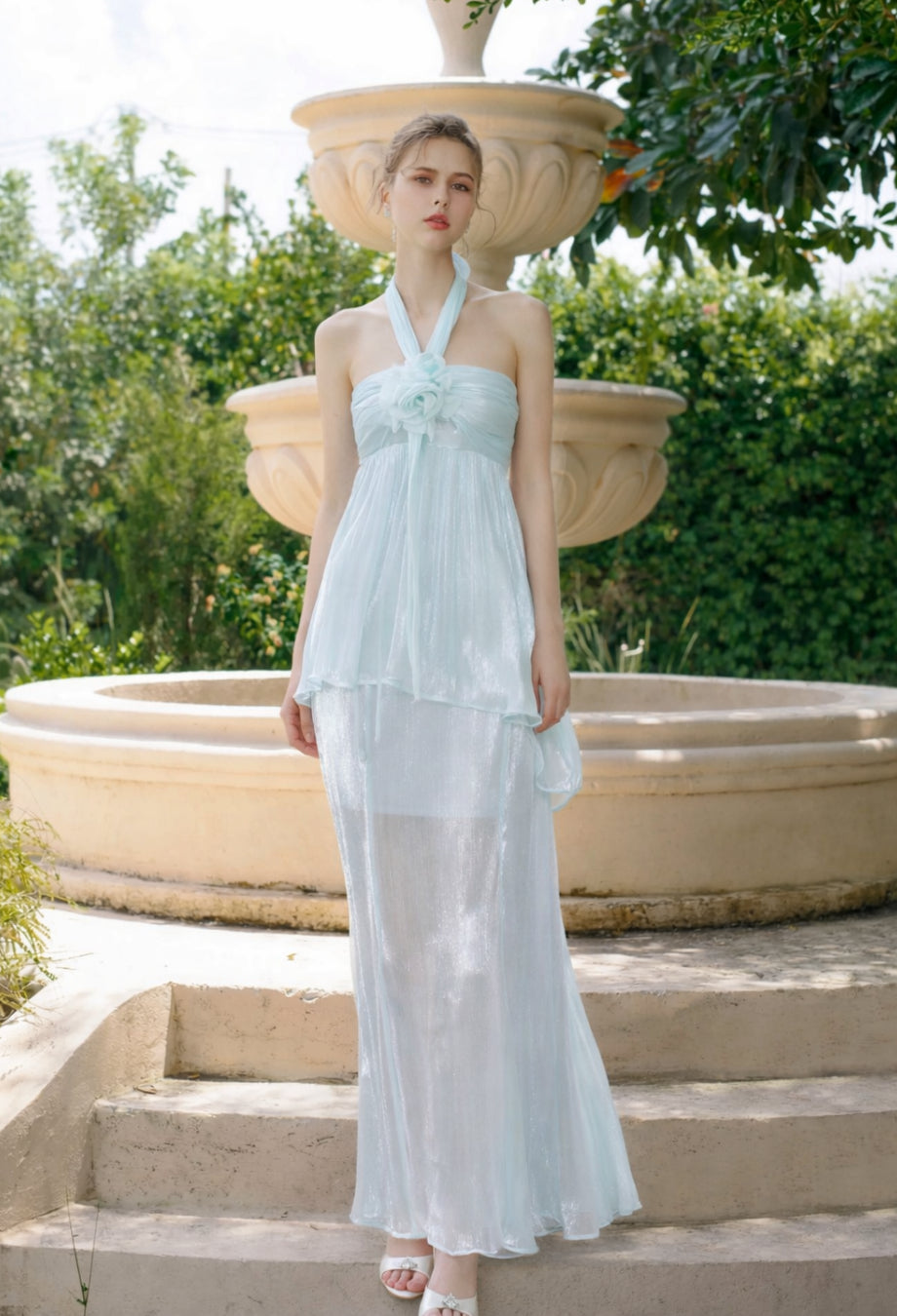 Jaime Soft Blue Sheer Overlay Midi Sundress for summer