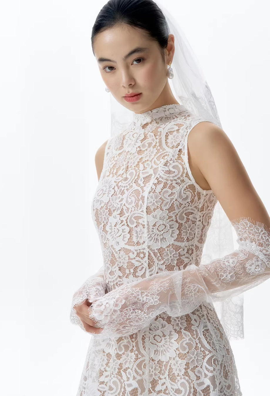 Kinsley White Floral Lace Midi Dress, antique wedding dress lace, high neck lace wedding dress, high neck lace wedding dress