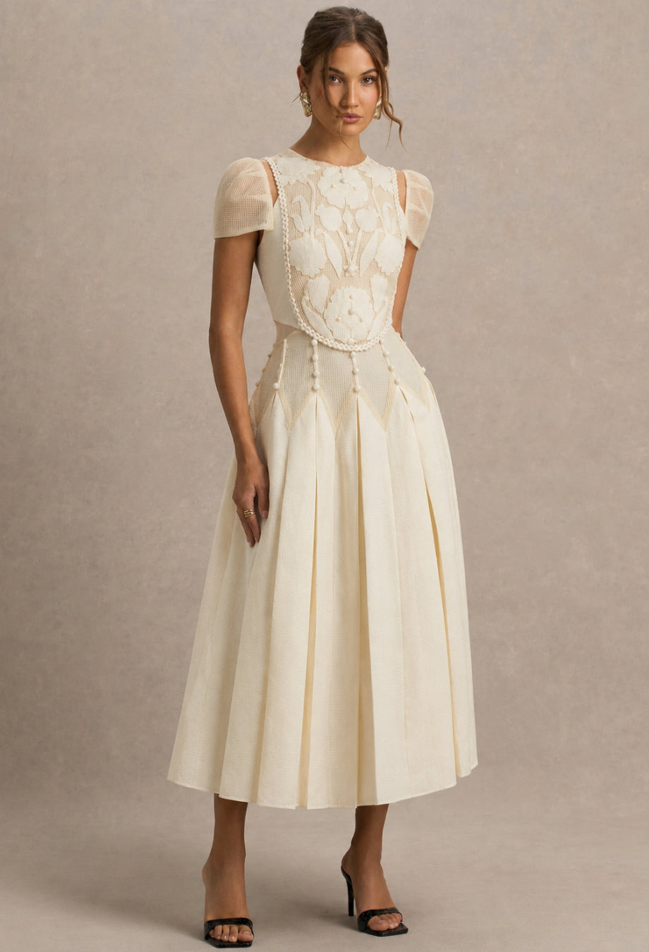 Lucienne 3D Floral Short Sleeve Midi Dress, white 3d floral dress​, dress 3d floral​, 3d floral dress with sleeves​