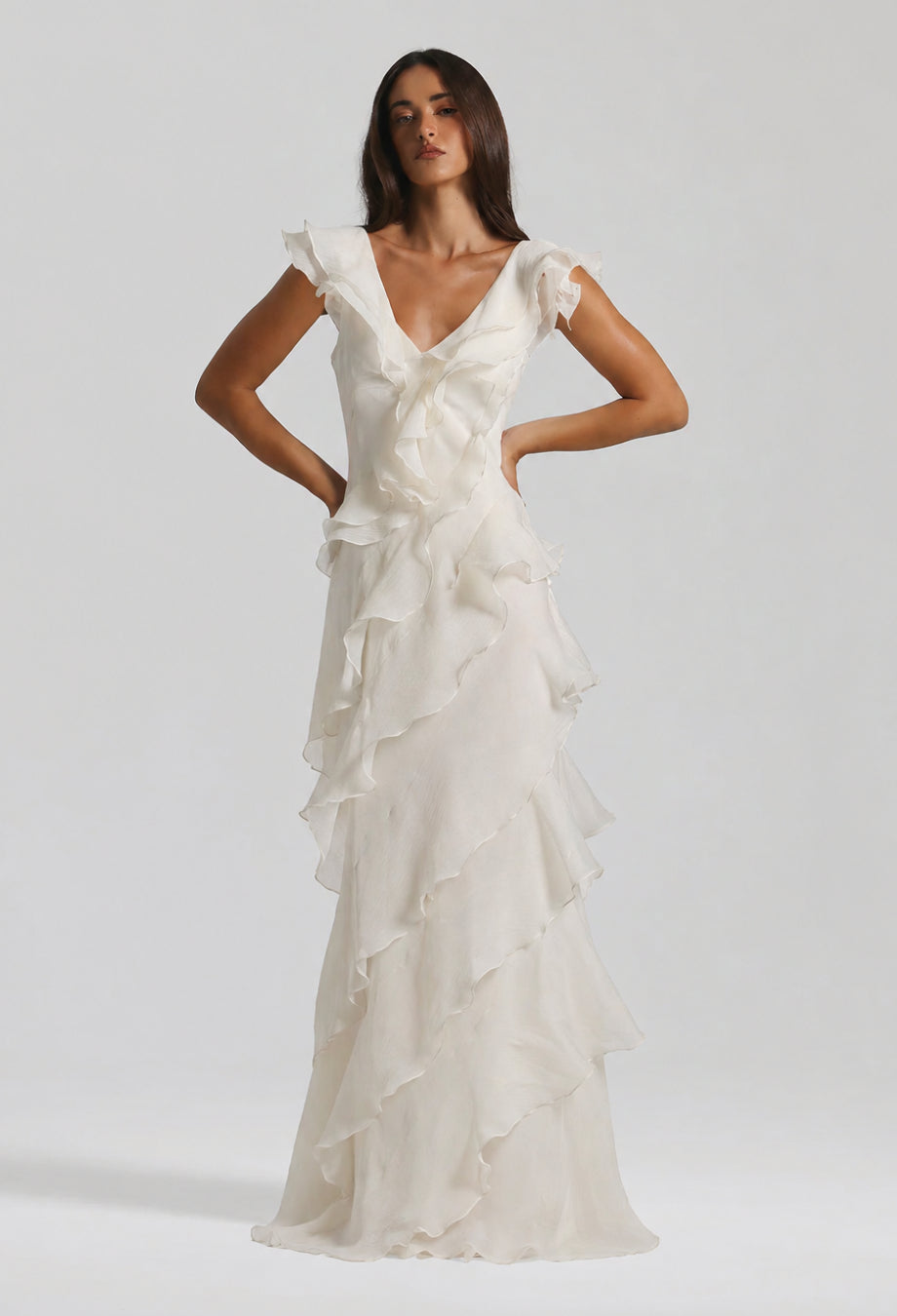 Malila White Layered Ruffle Maxi Dress, chiffon ruffle maxi dress