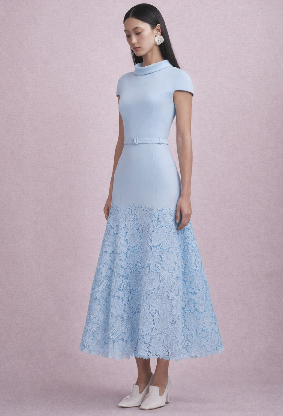 Mariella Baby Blue Crepe Lace Midi Dress, blue floral wedding guest dress​, blue dress wedding guest​