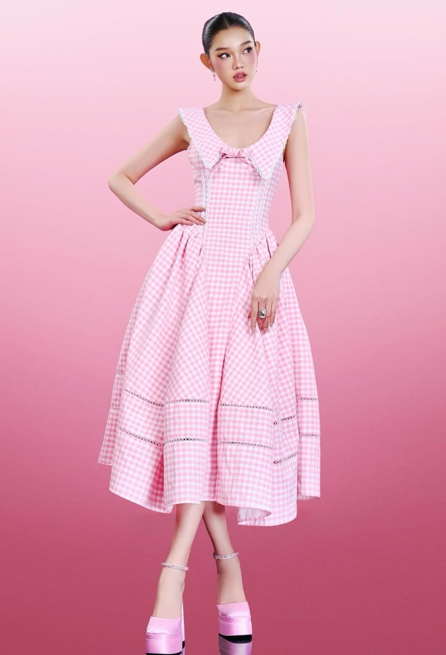 Marilyn Pink Gingham Midi Dress, midi dress wedding guest​