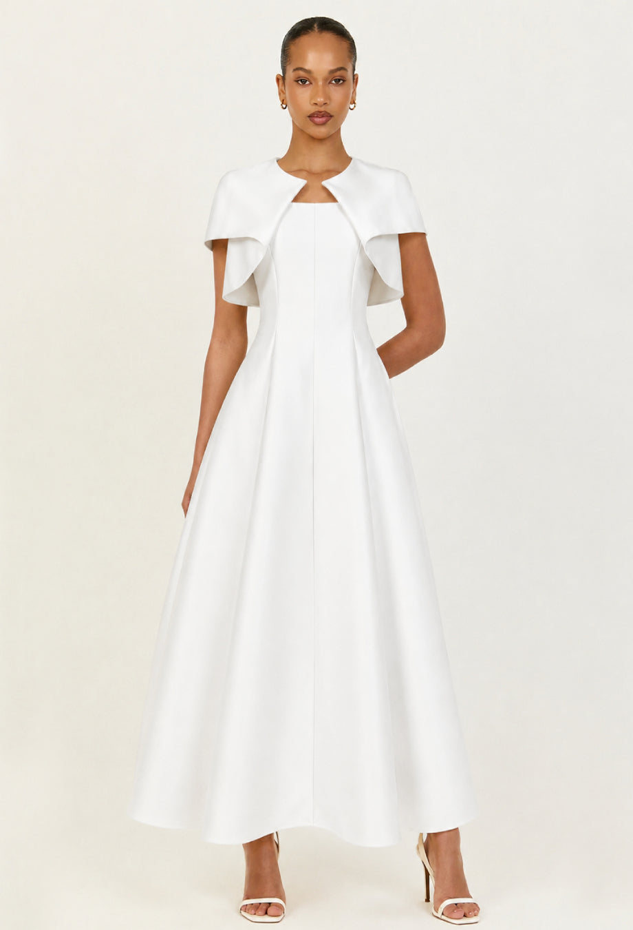 Matisse White Rehearsal Dinner Maxi Dress with Cape Shawl, white bridal shower dress, white bachelorette dress