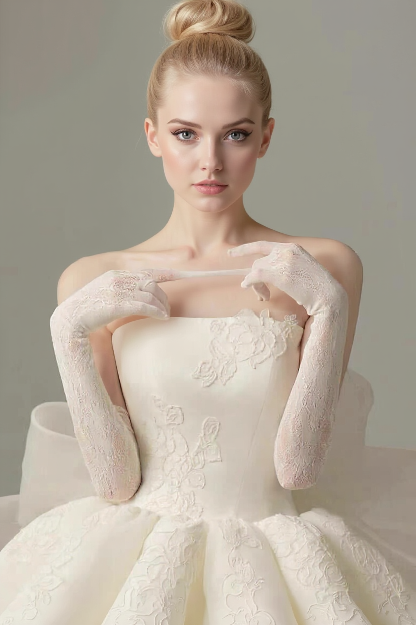Bride wearing an elegant mini wedding dress with embroidered fabric and a long bow-tie tulle bridal veil at the back, approximately 2 meters long, dancing gracefully on a floral stage.