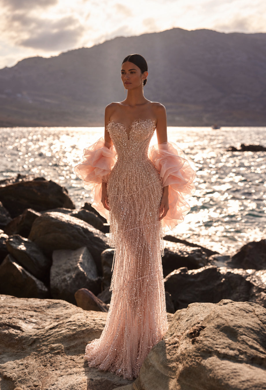 Mirabella Light Pink Crystal-Beaded Sequin Formal Maxi Dress, pink sequin prom dress, sequin pink dress