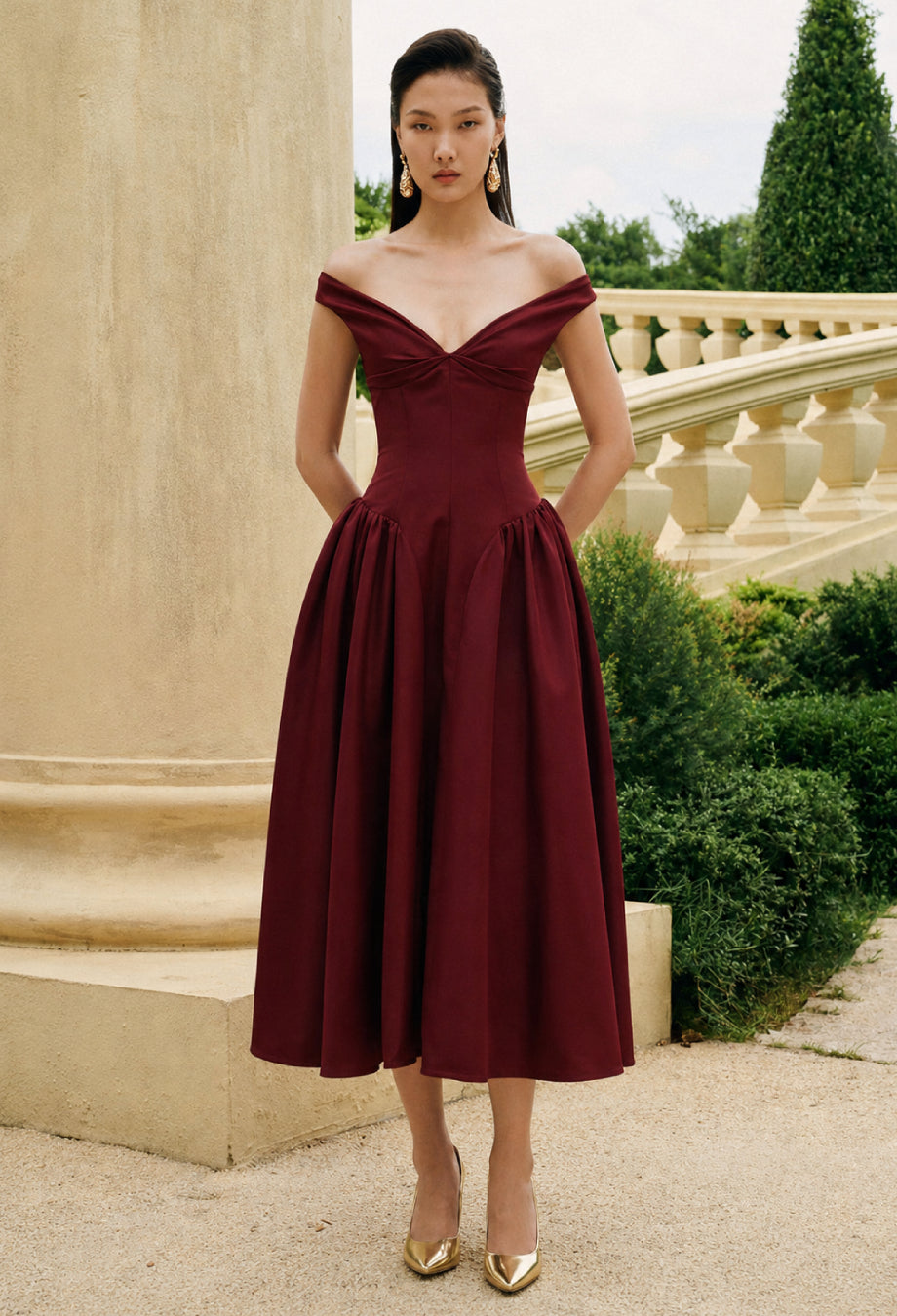Burgundy Off Shoulder Wedding Guest Dress, Natassia Midi Dress, burgundy wedding dress guest​, dress color burgundy