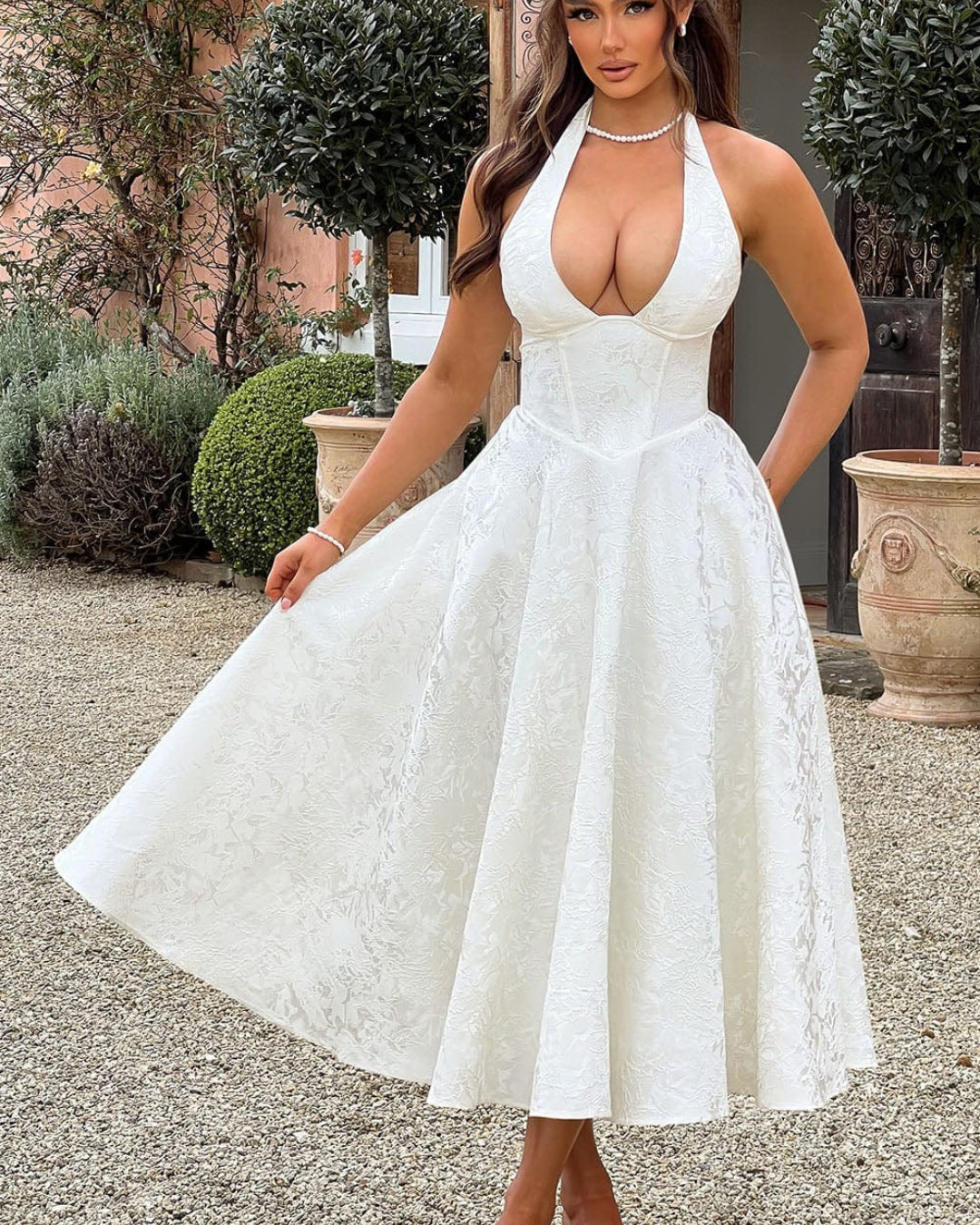 Sadie White Satin Halter Midi Party Dress - Desse Blanche Fashion Sadie White Satin Halter Midi Party Dress - Desse Blanche Fashion