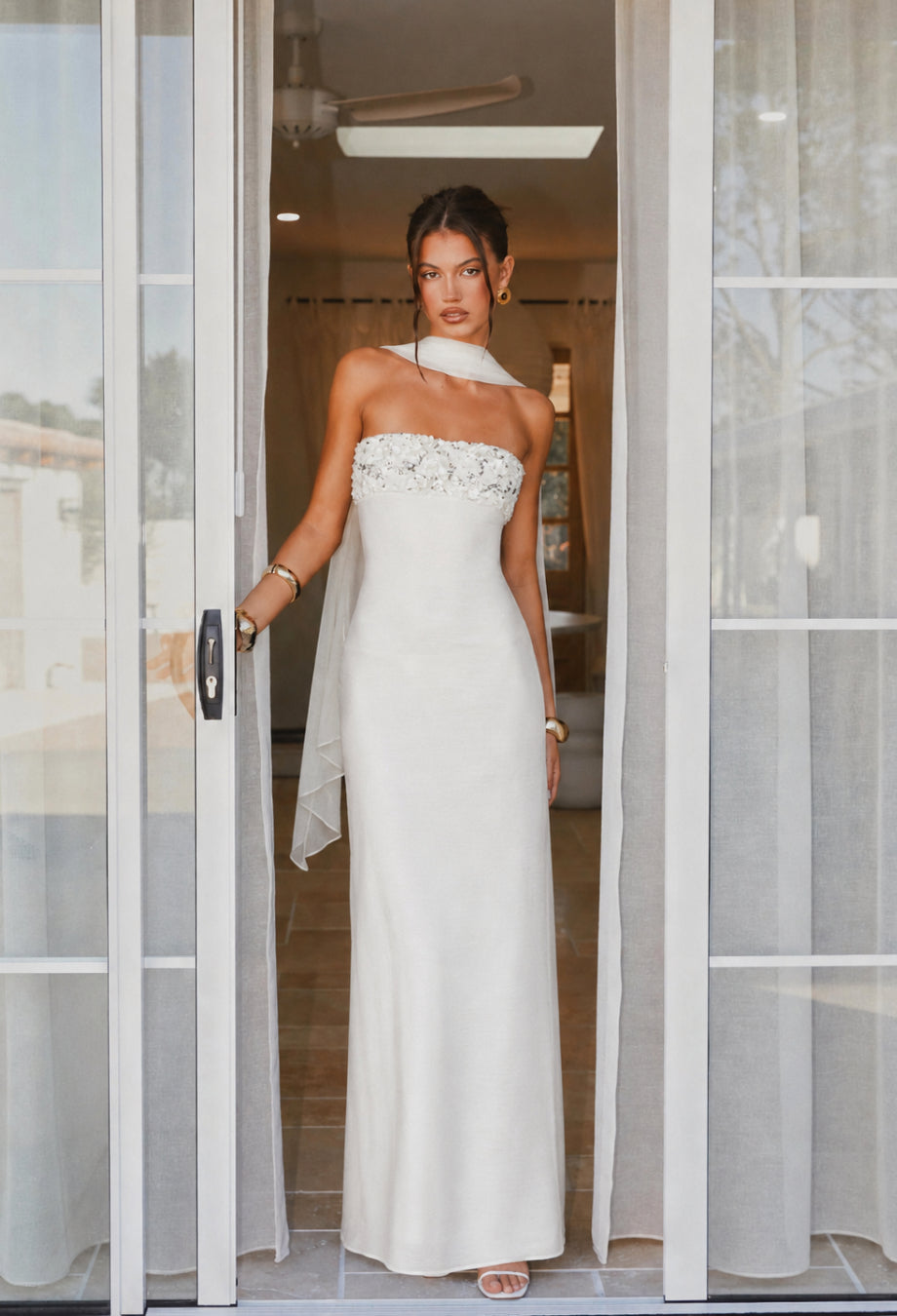 Taylor White Strapless Sequin Maxi Dress with Neck Scarf, strapless maxi dress with scarf​, white maxi dress with neck scarf