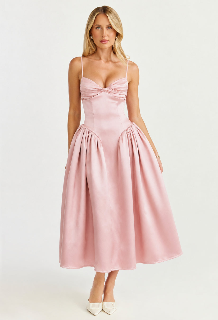 Tullia Dusty Rose Satin Midi Dress​, satin formal midi dress, ruched midi dress