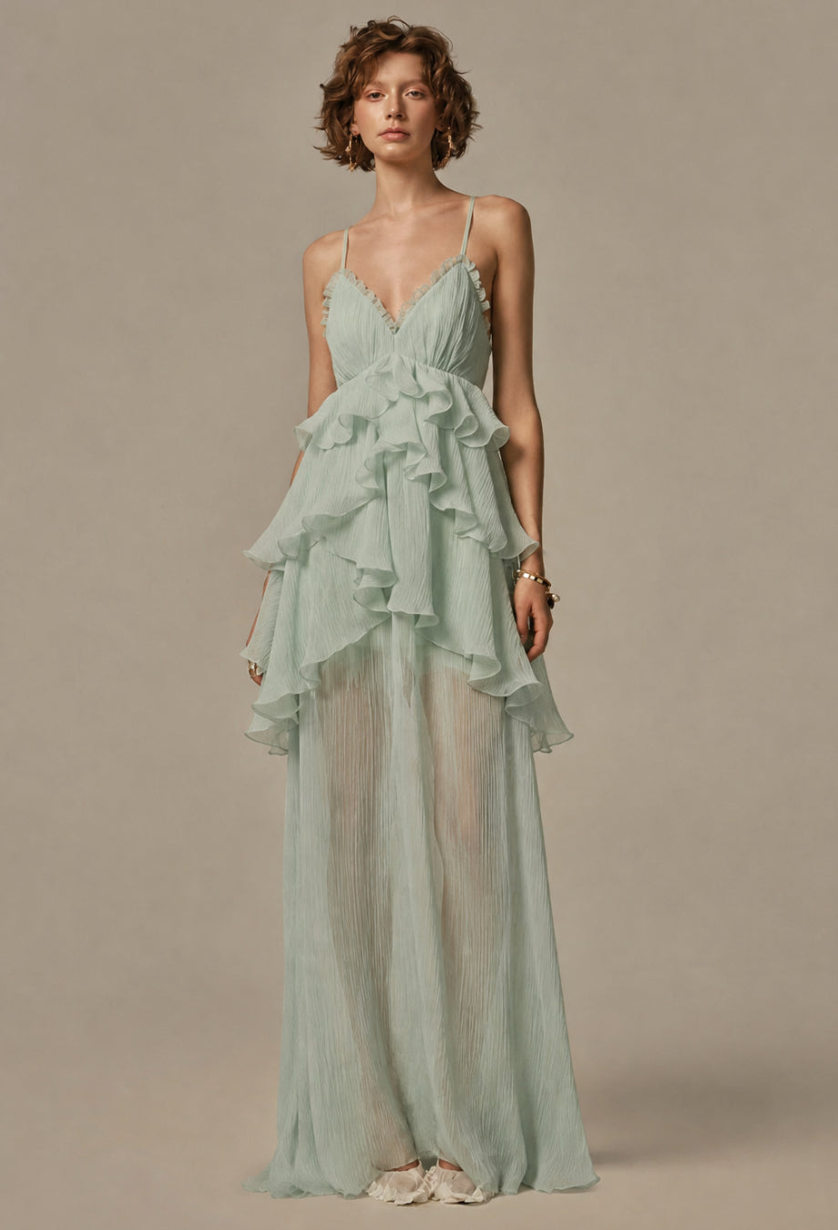 Veronique Mint Tiered Ruffle Maxi Dress, light green maxi dress, green wedding guest dress