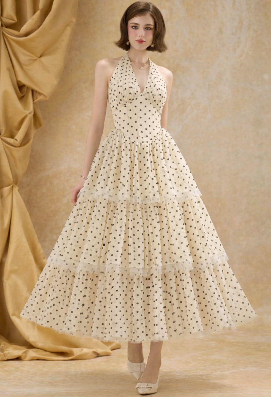 Willa Mesh Corset Midi Dress, polka dot mesh dress, polka dot graduation dress
