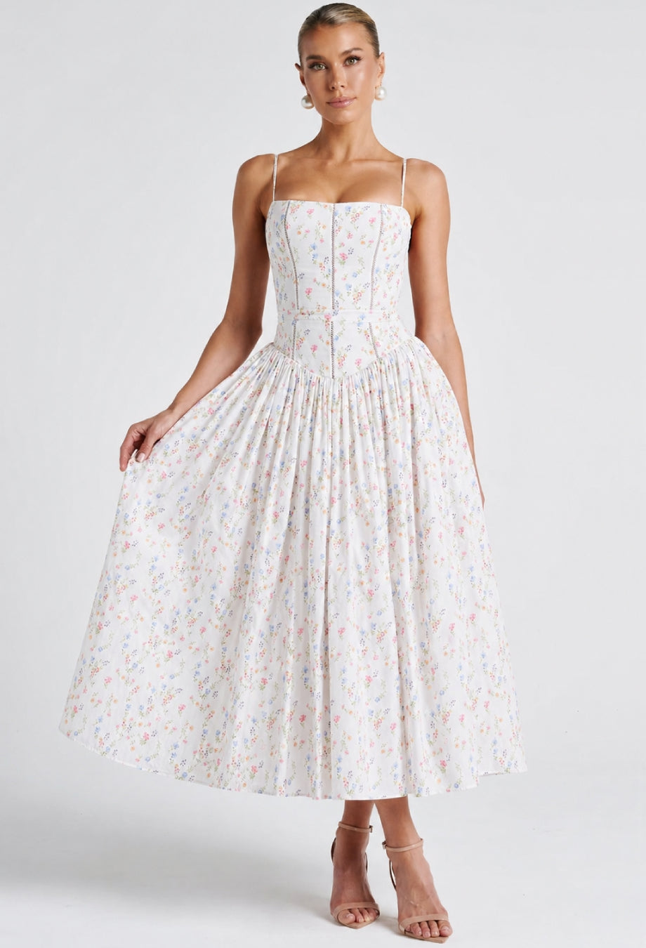 Evelyn white and floral dress with feminine floral print