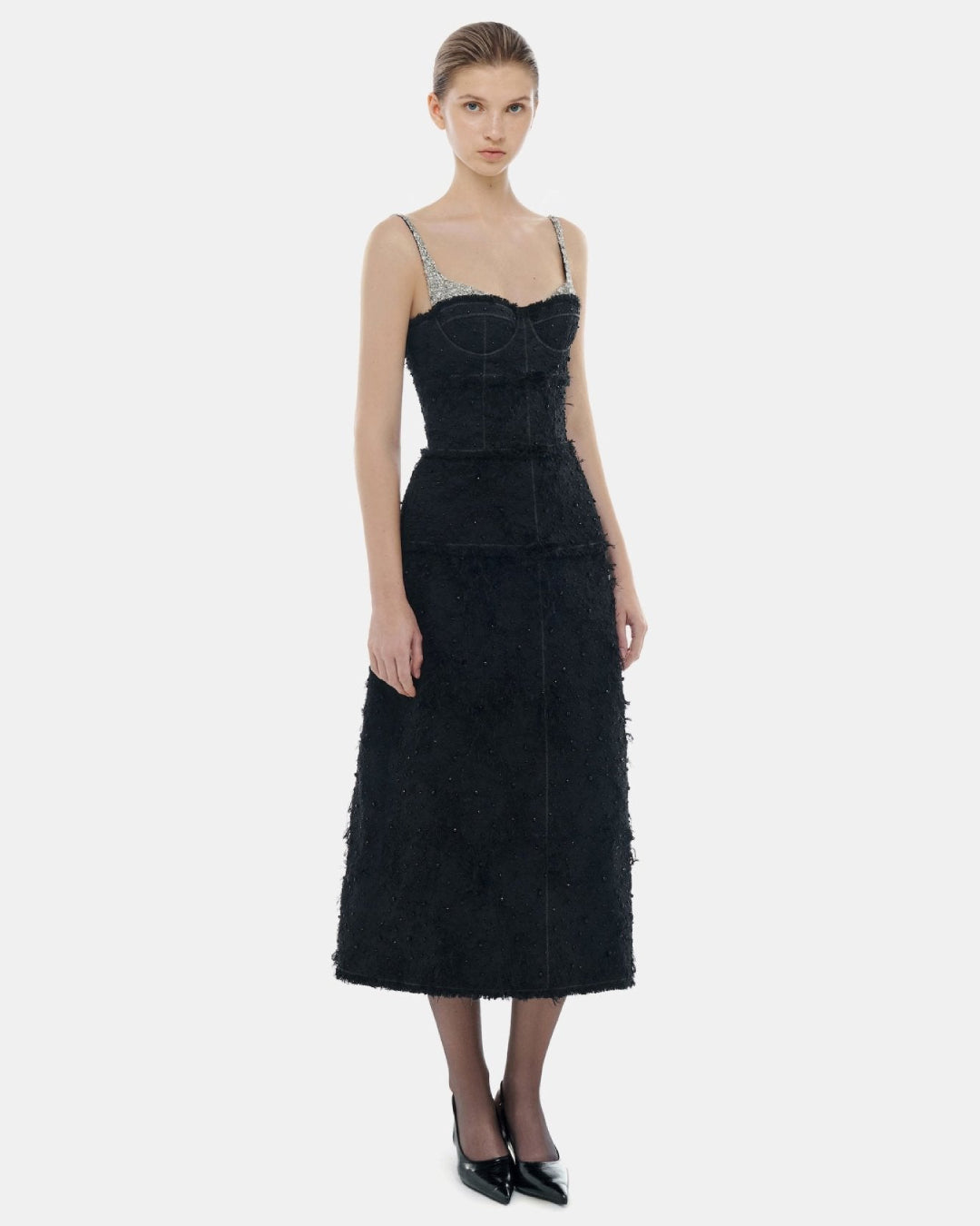 Prim Elegant Black Midi Dress, Square Neck Black Dress, black dress for gala dinner