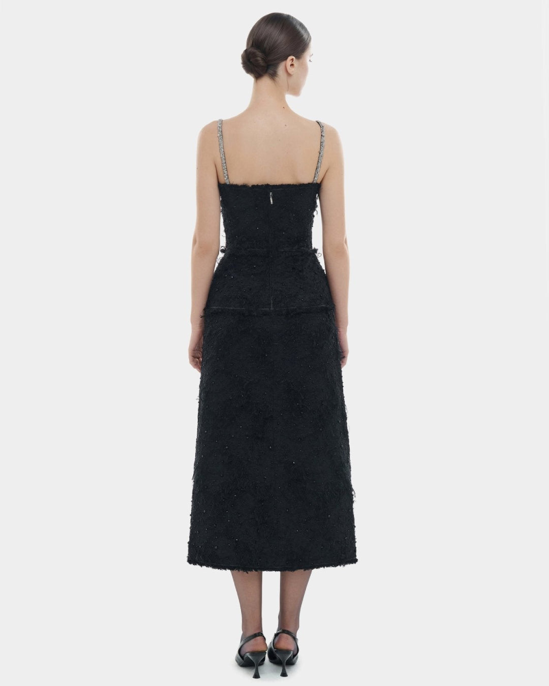 Prim Elegant Black Midi Dress, black dress shoulder, sophisticated black dress