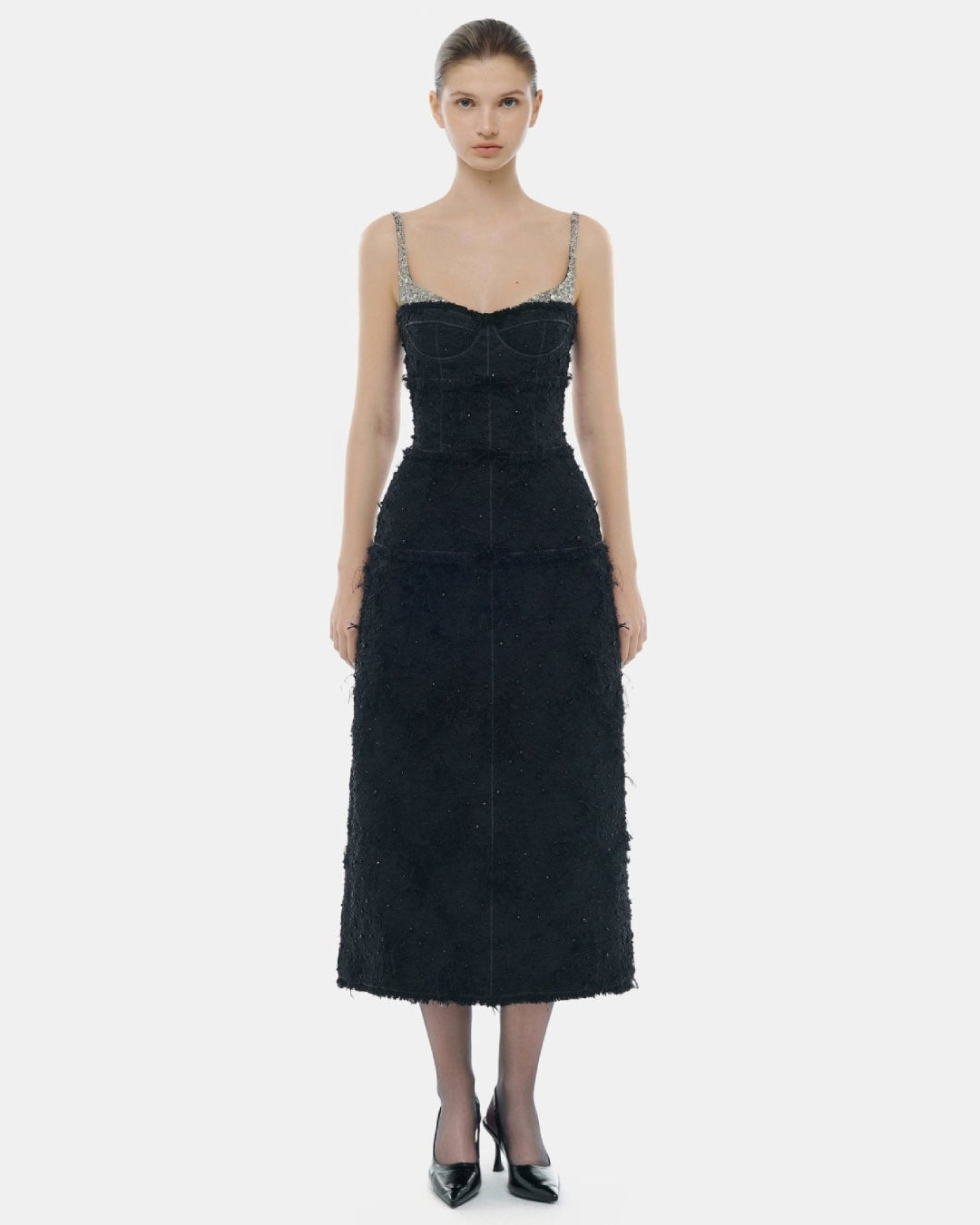 Prim Elegant Black Midi Dress, Square Neck Black Dress, black dress for gala dinner