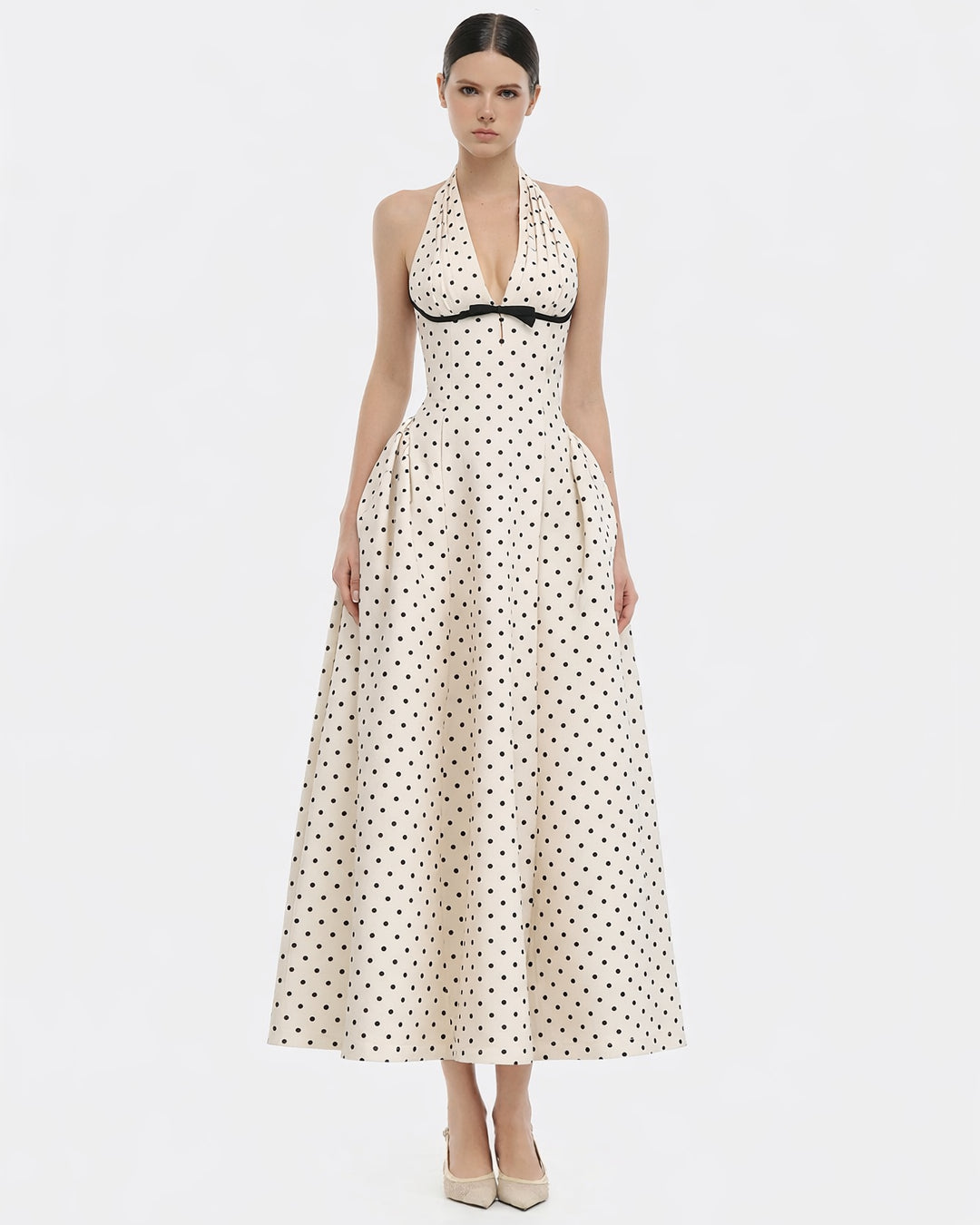 Quinn Micro Polka Dot Dress Halter Neck Midi Dress for Women L Quinn Micro Polka Dot Dress Halter Neck Midi Dress for Women L