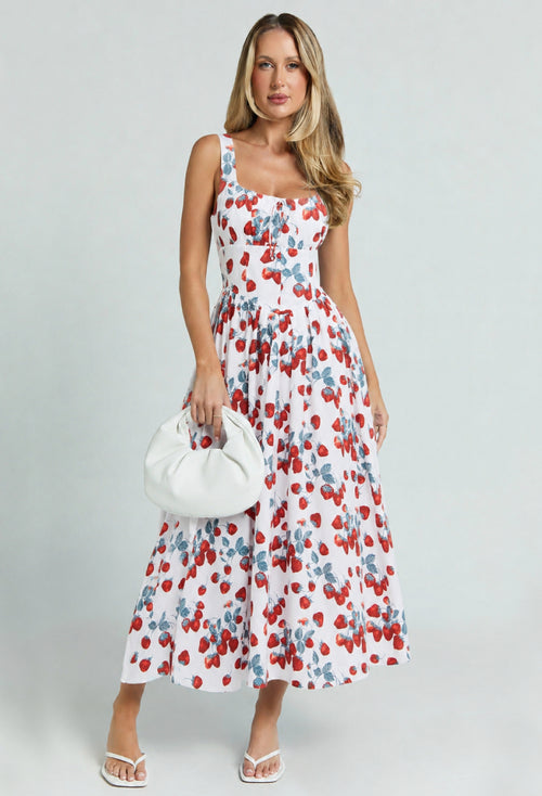 Balia Strawberry Print Linen Midi Dress for Women