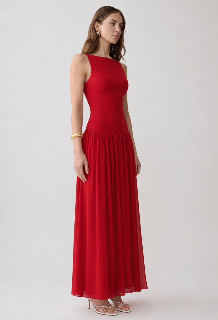 Camella Red Chiffon Midi Dress, reformation camella dress, wedding dress guest red​
