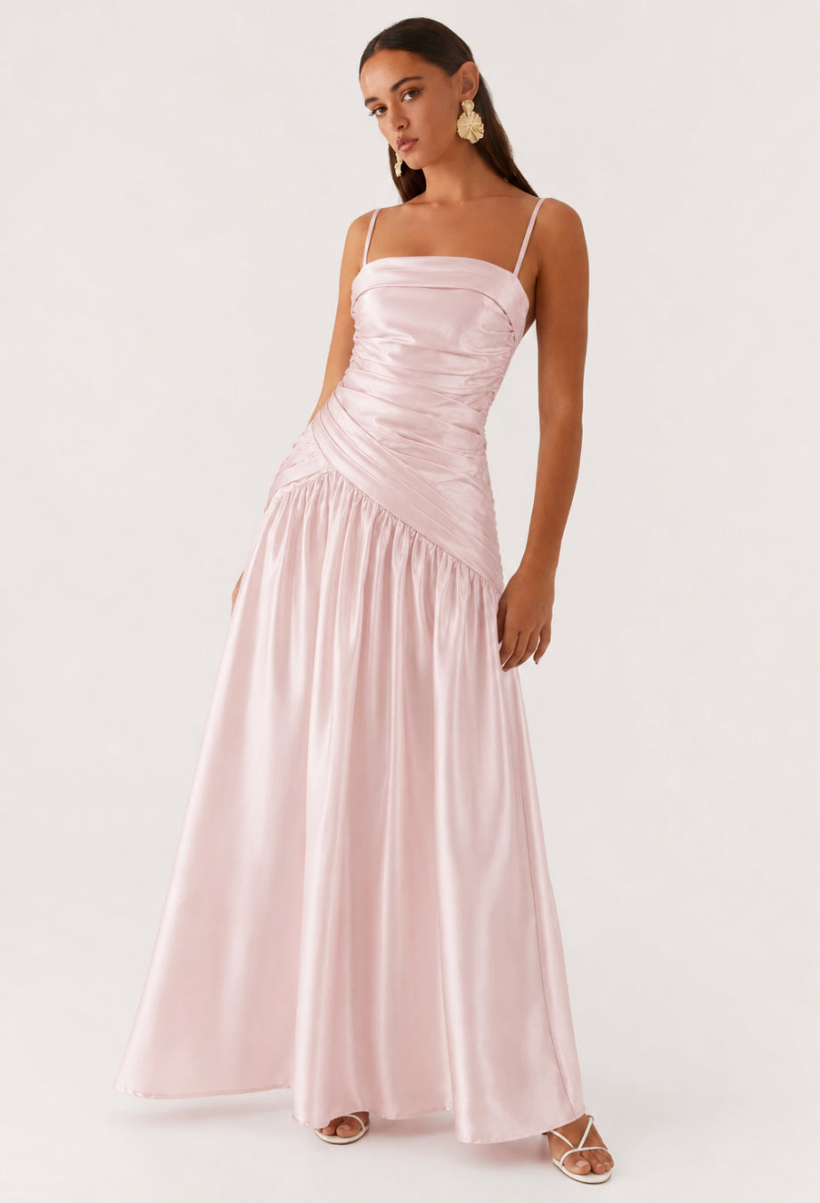 Rosetta Blush Pink Satin Maxi Dress, blush pink prom dress​, pink blush prom dress​