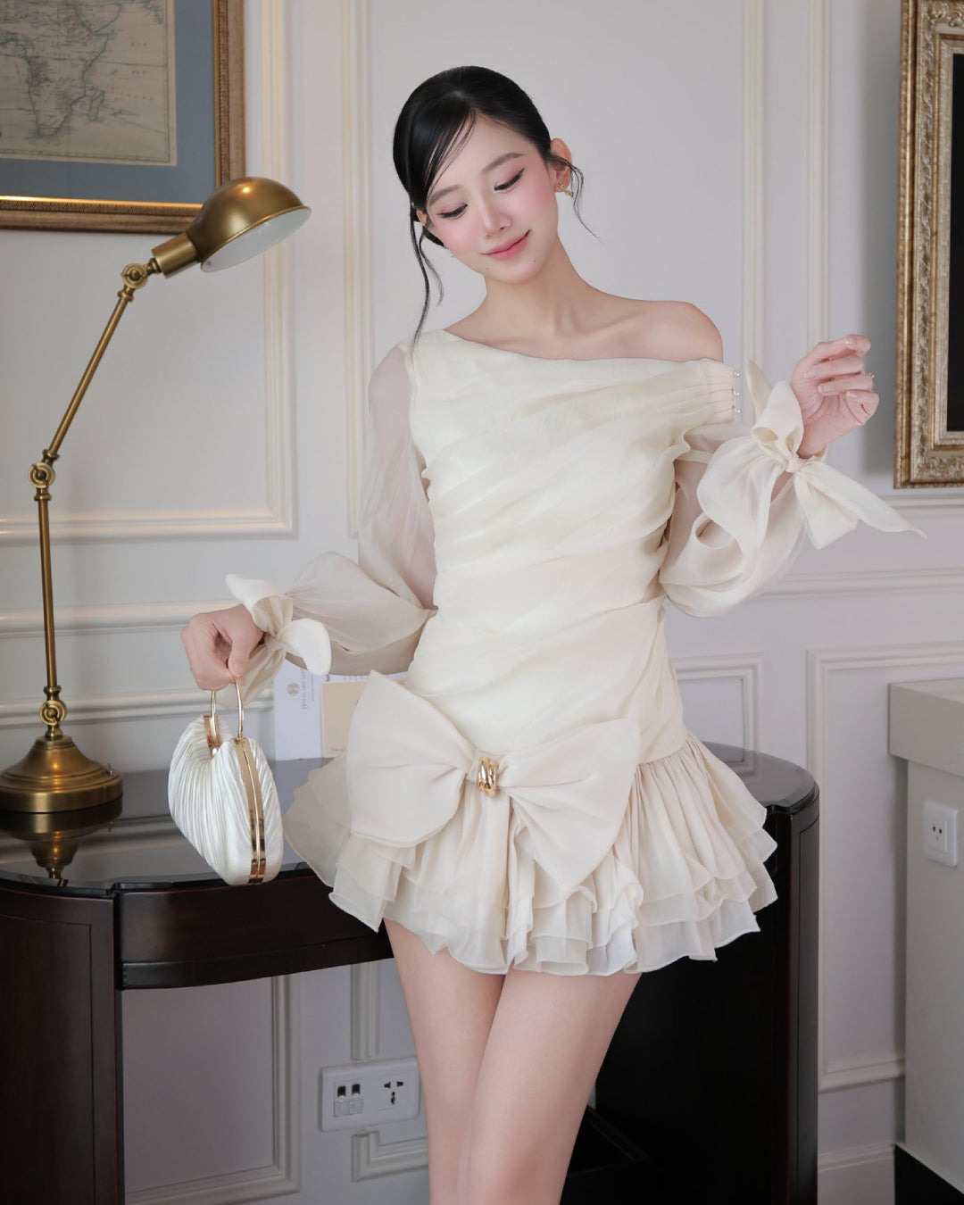 Ruby Bow Asymmetric Puffy Mini Dress in Ivory for Women, dress with bows, big bow dress​, bow front dress​