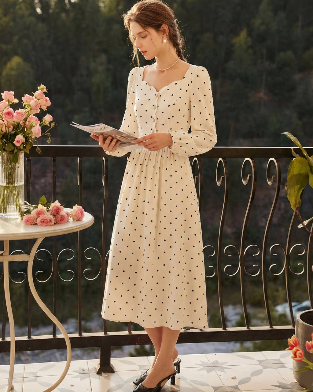 Sabina Vintage Polka Dot Long-Sleeve Midi Dress in Ivory, vintage dress​, vintage prom dress​