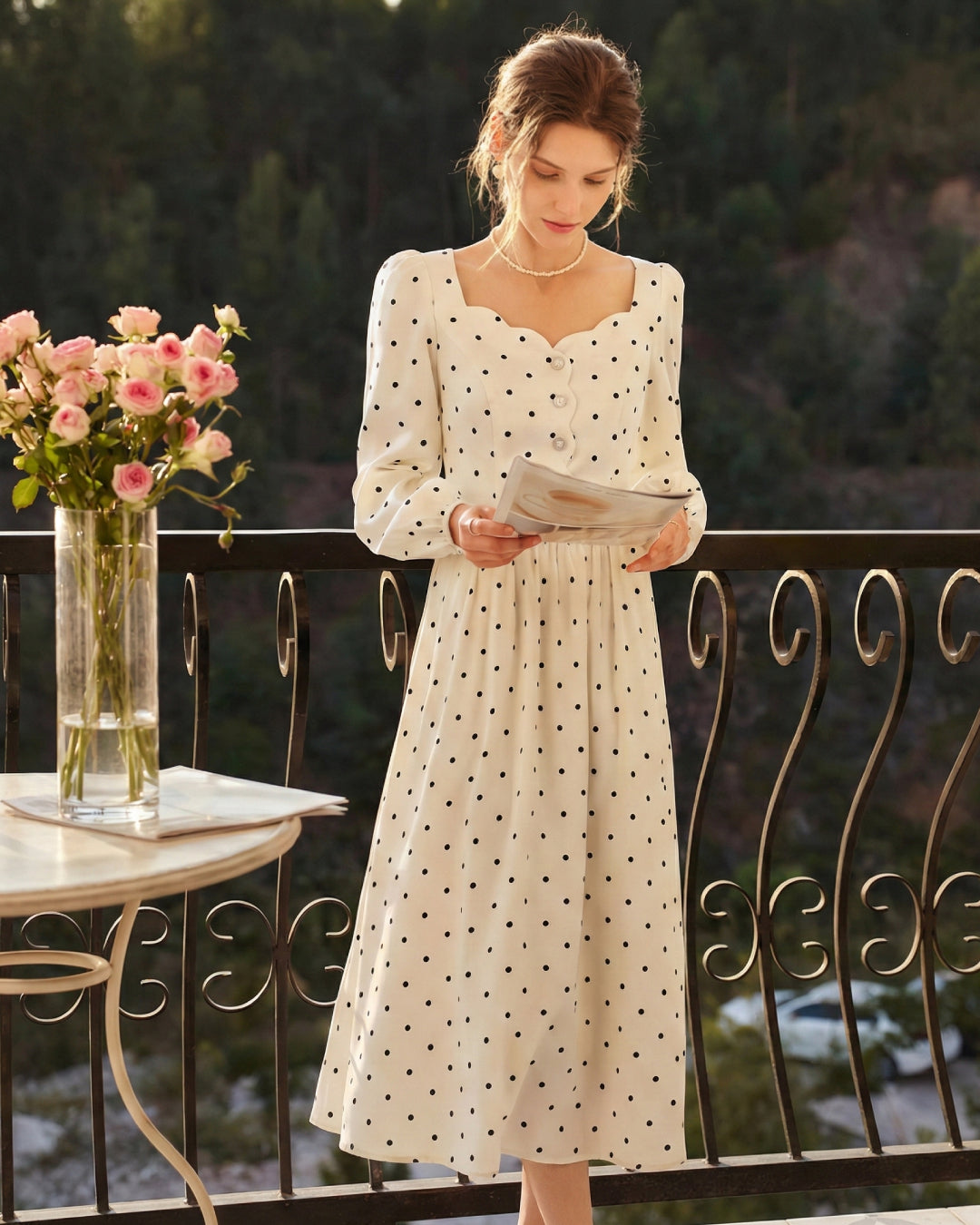 Sabina Vintage Polka Dot Long-Sleeve Midi Dress in Ivory, vintage dress​, vintage prom dress​