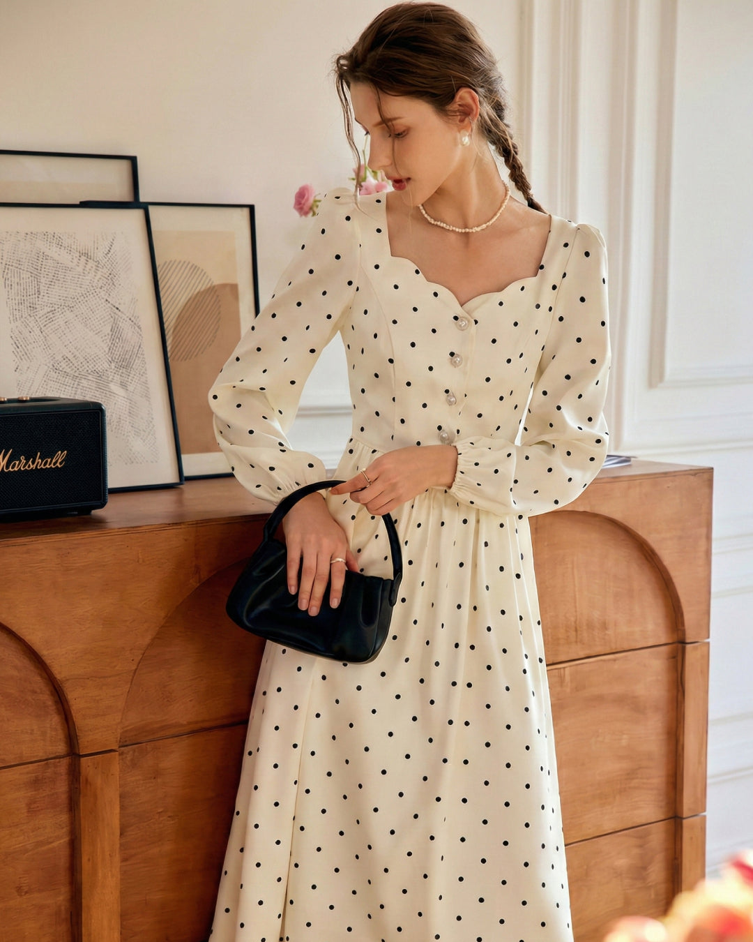 Sabina Vintage Polka Dot Long-Sleeve Midi Dress in Ivory L Sabina Vintage Polka Dot Long-Sleeve Midi Dress in Ivory L