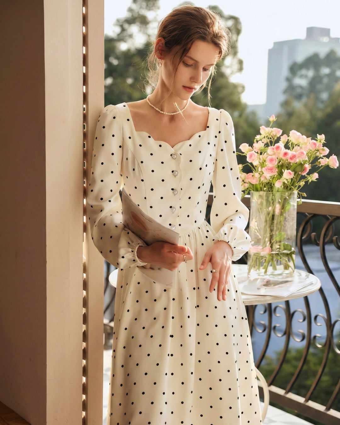 Sabina Vintage Polka Dot Long-Sleeve Midi Dress in Ivory, vintage dress​, vintage prom dress​