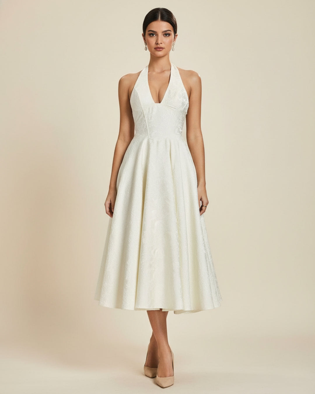 Sadie White Satin Halter Midi Party Dress - Desse Blanche Fashion Sadie White Satin Halter Midi Party Dress - Desse Blanche Fashion