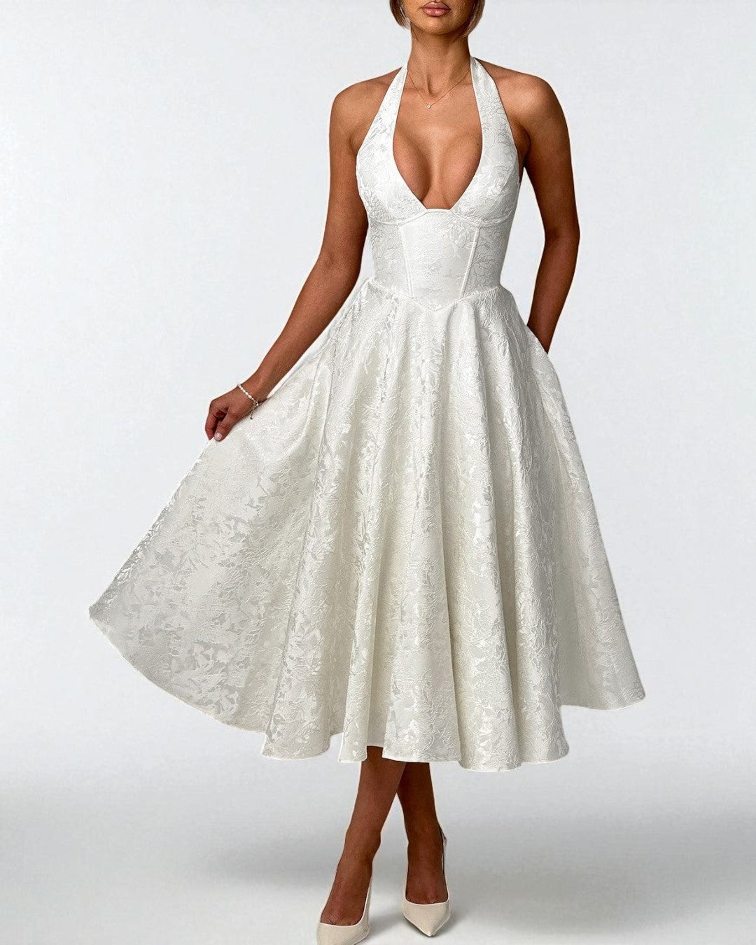 Front view of Sadie white satin halter midi party dress