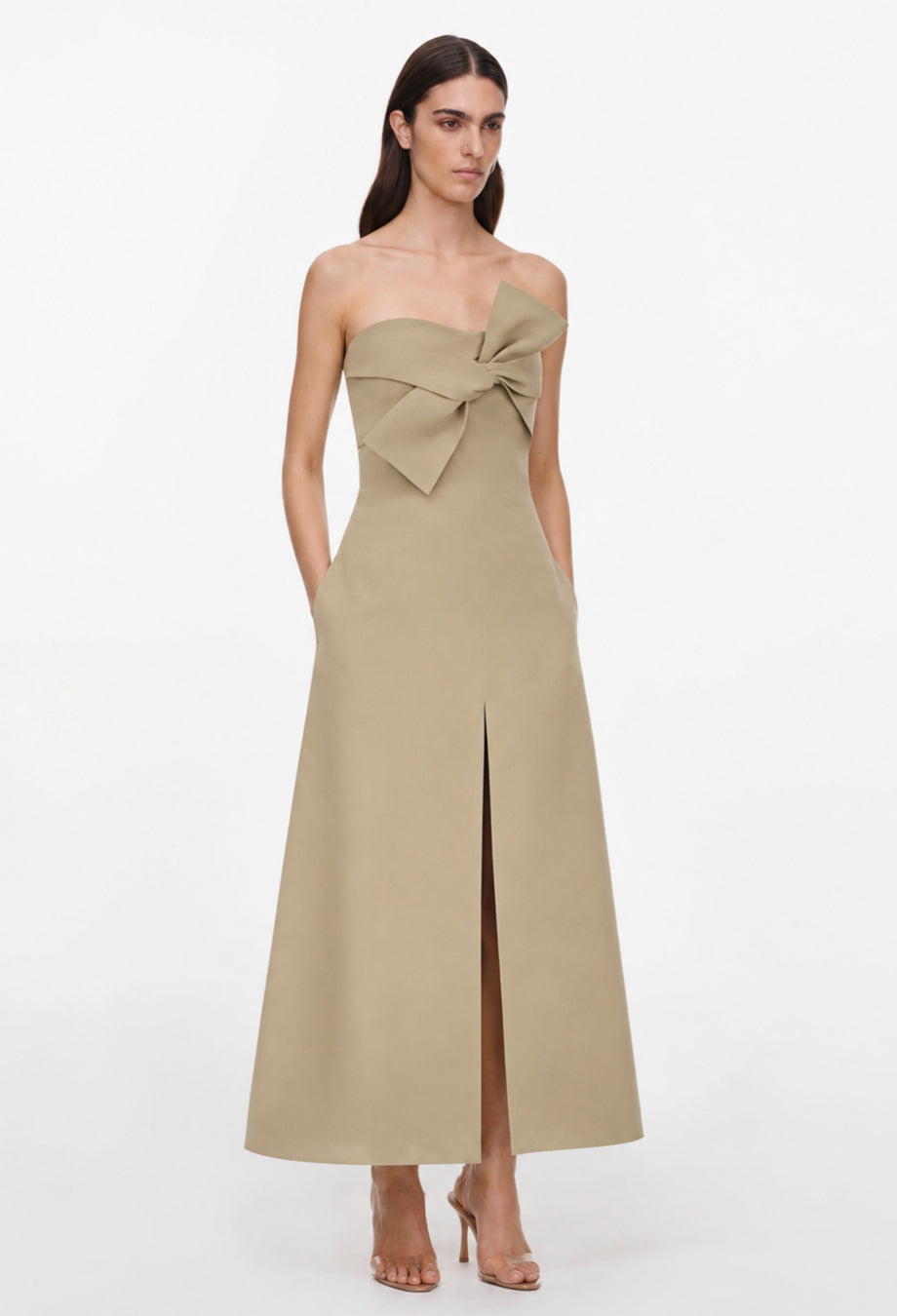Salma Beige Strapless Midi Dress with Front Bow, beige wedding guest dress, beige long dress for wedding guest​