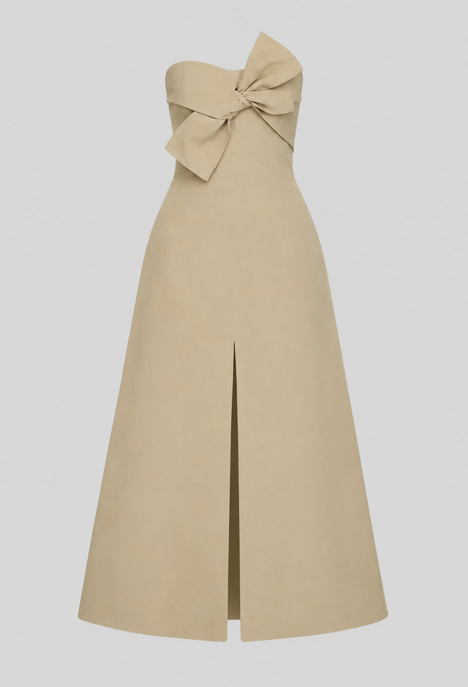 Salma Beige Strapless Midi Dress with Front Bow, midi dress with front bow, formal dress with front bow